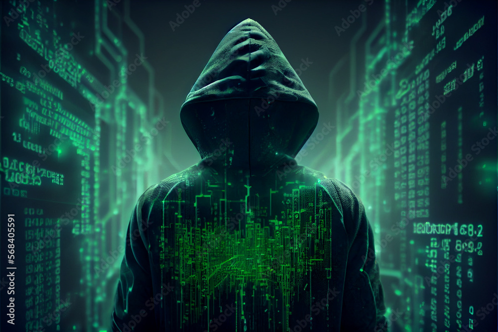Faceless hacker with TROJAN inscription, hacking concept. Hacker in ... image.