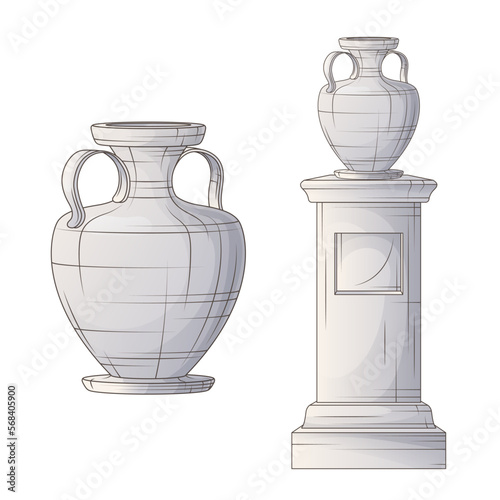 Vector illustration of vase and pedestal. Elegant volumetric amphora for design of poster, banner, card, decoration of room.