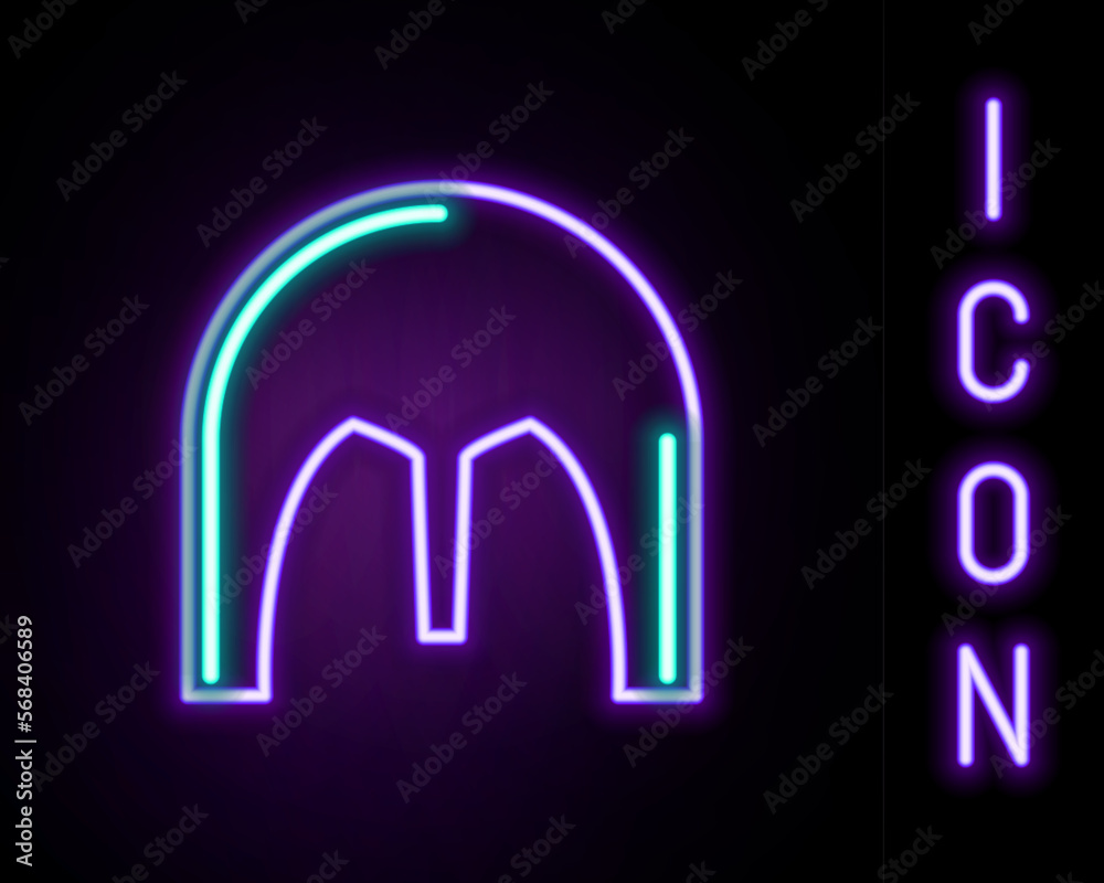 Glowing neon line Medieval iron helmet for head protection icon isolated on black background. Colorful outline concept. Vector Glowing neon line Medieval iron helmet for head protection icon isolated on black background. Colorful outline concept. Vector