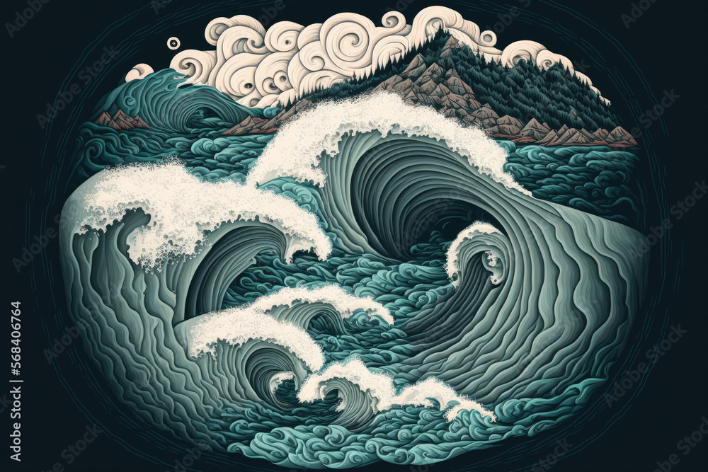Background is amorphous. During high tide and low tide, waves from the river and the sea collide. Maelstrom of Saltstraumen's whirlpools in Nordland, Norway. Generative AI - obrazy, fototapety, plakaty 