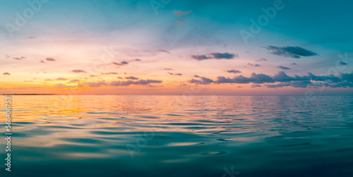 Panoramic sea skyline beach. Amazing sunrise beach landscape. Panorama of tropical beach seascape horizon. Abstract colorful sunset sky light tranquil relax summer seascape freedom wide angle seascape