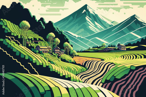 Muchangchai, Vietnam has terraced green rice fields. Northwest Vietnam's rice fields are getting ready for the harvest. Vietnamese countryside. Generative AI photo