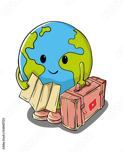 earth traveling around the world bring a suitcase illustration