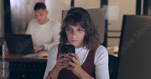 Photography Smartphone, office and business woman with social media networking, feedback and online review of data analytics, seo and app management