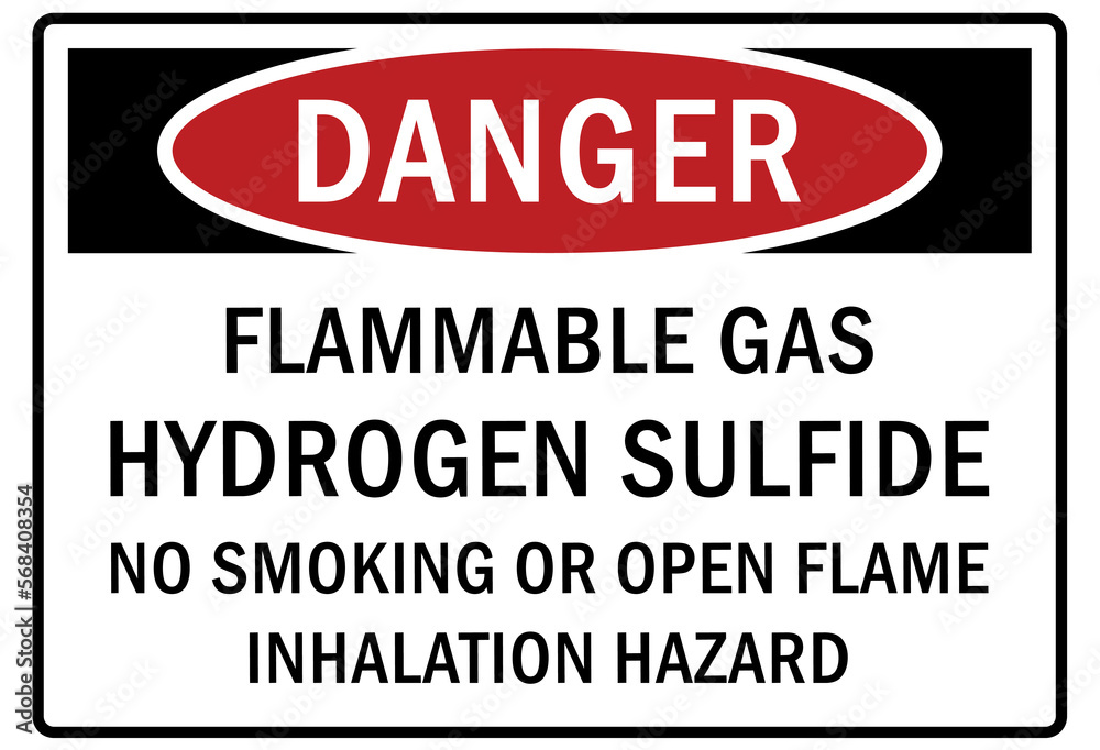 Flammable gas warning sign and labels hydrogen sulfide, no smoking or open flame, inhalation hazard