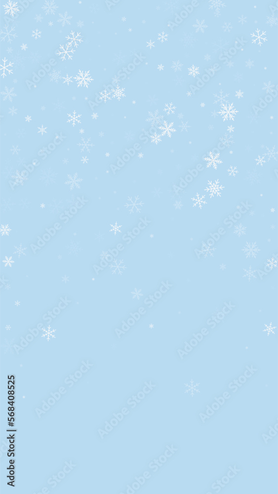 Snowfall overlay christmas background. Subtle flying snow flakes and stars on light blue winter backdrop. Festive snowfall overlay. Vertical vector illustration.