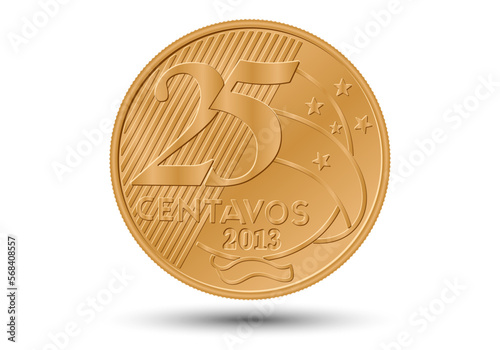Brazilian "25 centavos de Real" coin, reverse on white background.