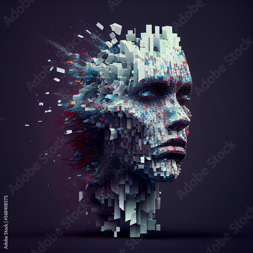 humanoid face made of decaying pixels photo