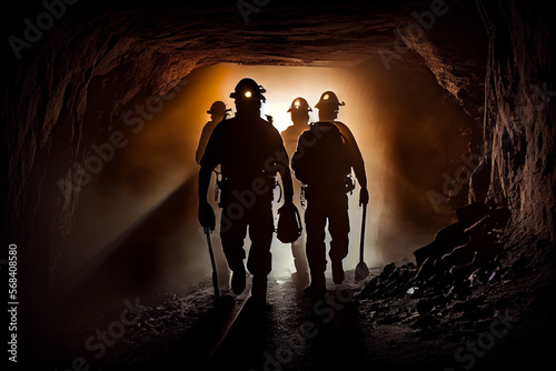 Silhouettes of miners in a helmet with lanterns in a dark cave exploration and geological work, coal mining, warm light. Generative AI