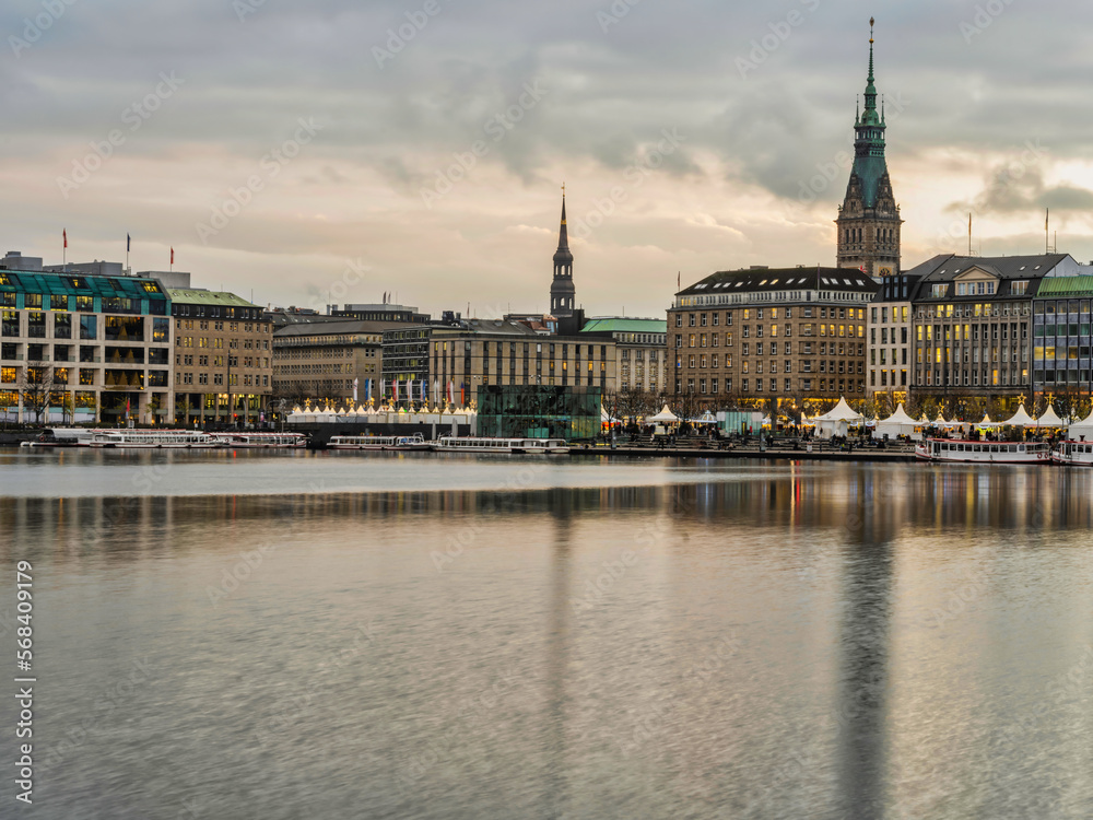 Hamburg city centre on Binnenalster lake during festive season christmas, Germany
