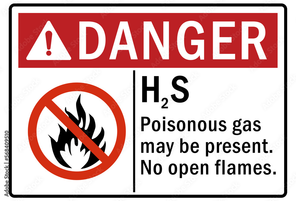 flammable hazard warning sign and labels hydrogen sulfide (H2S