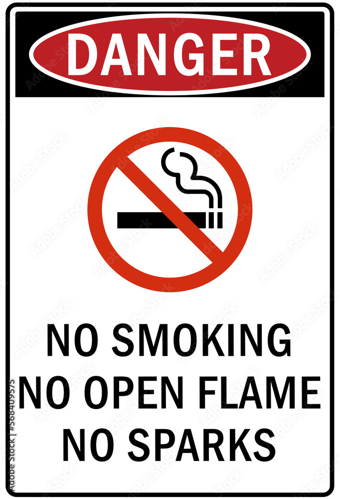 flammable hazard warning sign and labels no smoking, no open flames, no sparks