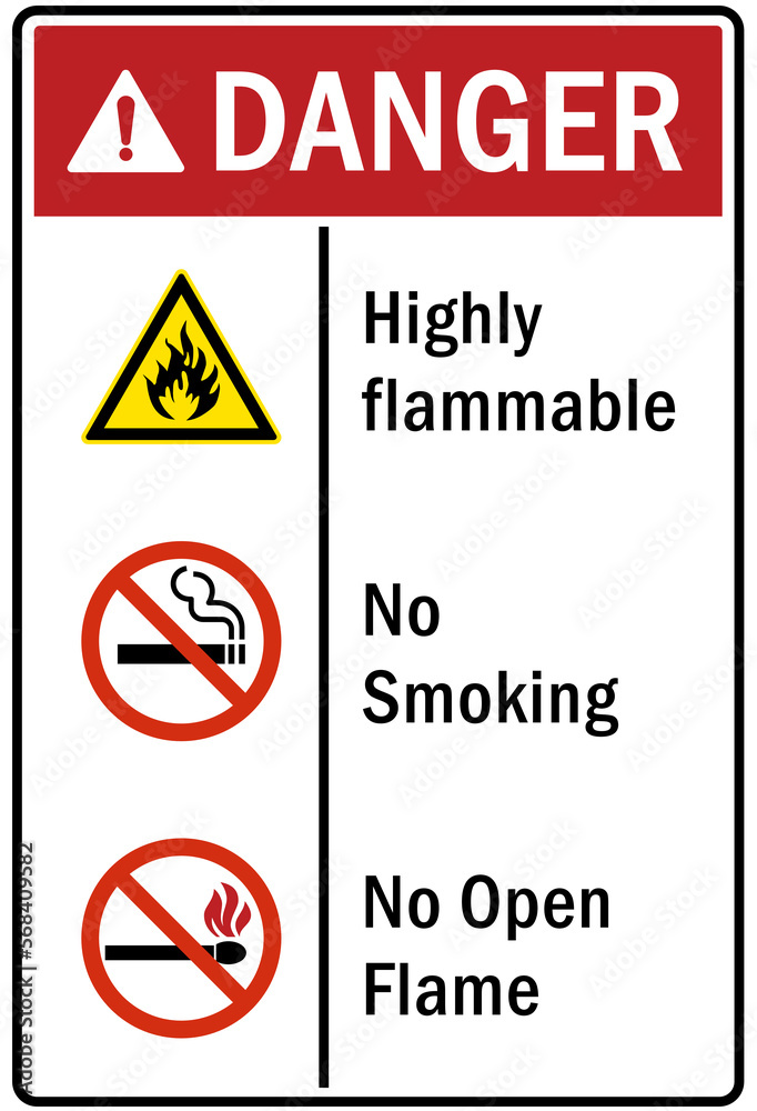 flammable hazard warning sign and labels highly flammable no smoking, no open flames flammable hazard warning sign and labels highly flammable no smoking, no open flames