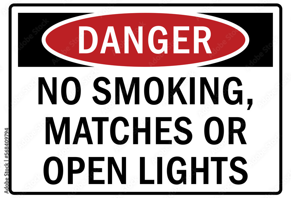 flammable hazard warning sign and labels, no smoking, matches or open light