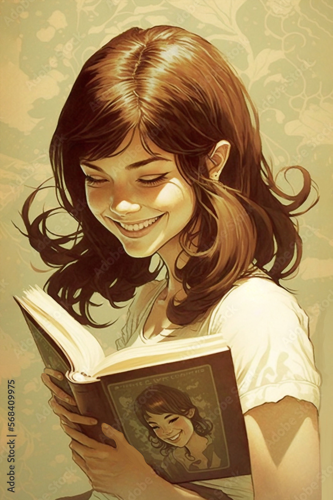 Illustration of a cute teen girl reading a book - AI generative Illustration of a cute teen girl reading a book - AI generative