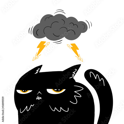 Εκτύπωση καμβά Sad black cat and thundercloud on a white background