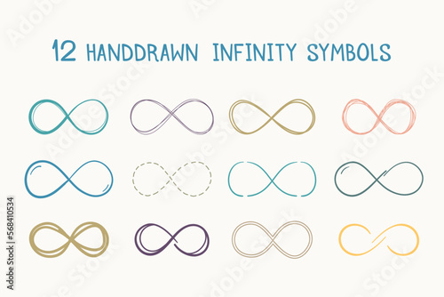 Set of 12 Handdrawn colored infinity symbols