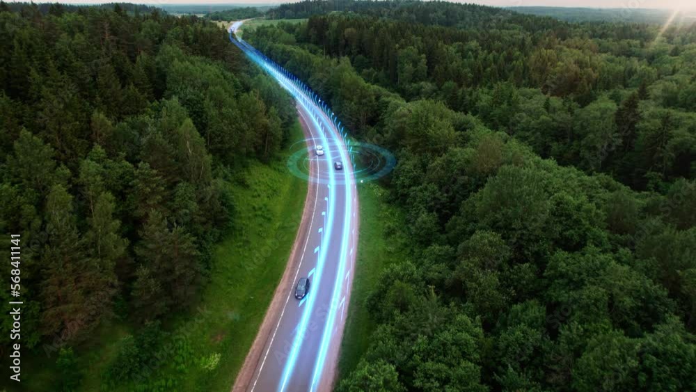 Concept of smart road of the future. Driverless car scans the road, moves without a driver. Autonomous smart transport on highway. Intelligent auto. Ai technology. Autopilot vehicle. Self-driving. 4k Concept of smart road of the future. Driverless car scans the road, moves without a driver. Autonomous smart transport on highway. Intelligent auto. Ai technology. Autopilot vehicle. Self-driving. 4k