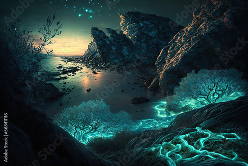 Fantastically beautiful unreal landscapes with neon glow. Generative AI.