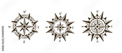 Compass Wind rose, set hand drawn Illustration.	
