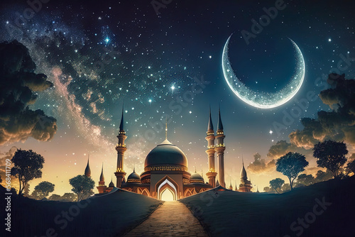 Ramadan Kareem Poster with Mosque, crescent moon, and starry night Illustration. Muslim and Islamic festive celebration. Hari Raya Aidilfitri and Eid Mubarak Celebration concept.