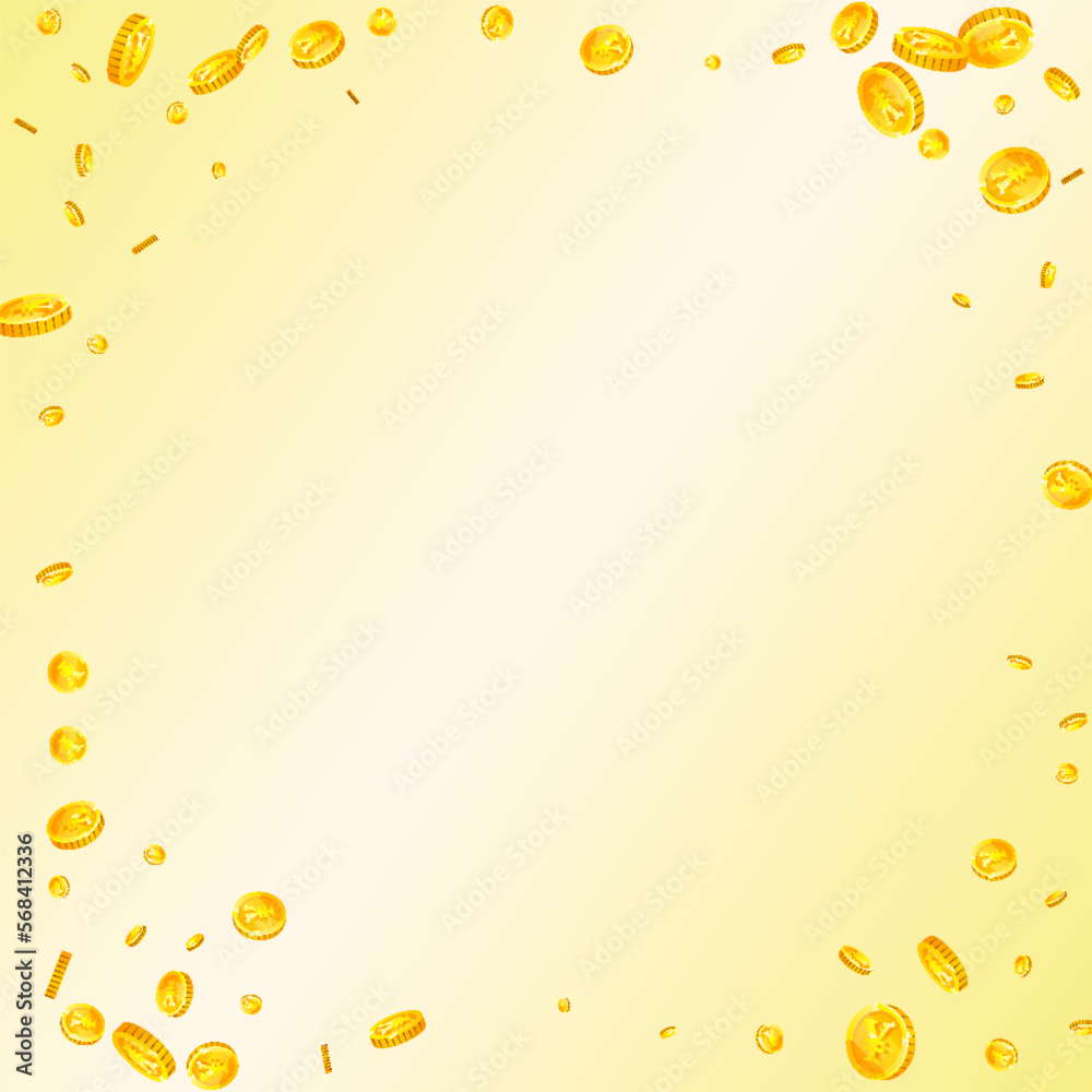 Chinese yuan coins falling. Scattered gold CNY Chinese yuan coins falling. Scattered gold CNY