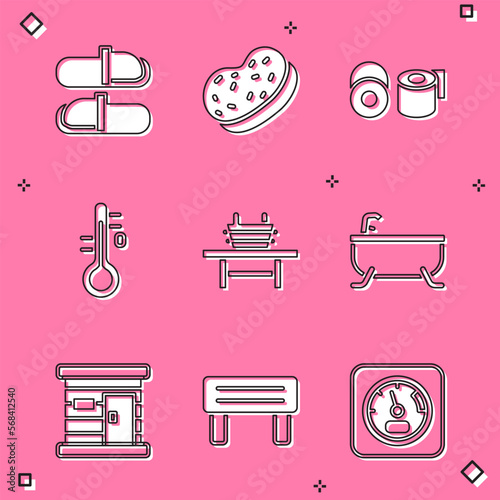 Set Sauna slippers, Bath sponge, Toilet paper roll, thermometer, bench with bucket, Bathtub, wooden bathhouse and icon. Vector
