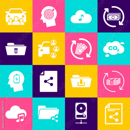 Set Share file, Refund money, CO2 emissions in cloud, Music streaming service, Car sharing and Delete folder icon. Vector