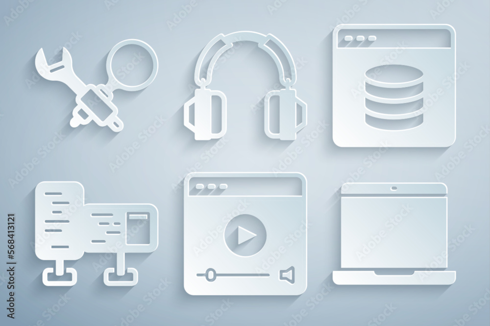 Set Online play video, Server, Data, Web Hosting, Computer monitor screen, Laptop, Headphones and Debugging icon. Vector Set Online play video, Server, Data, Web Hosting, Computer monitor screen, Laptop, Headphones and Debugging icon. Vector
