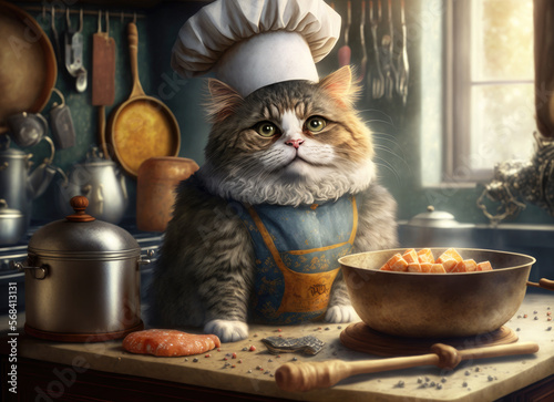 A chef cat in a cap and an apron preparing meal in the kitchen. Created with Generative AI.