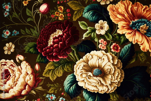 Colourful floral pattern with large vivid flowers on a brown background. A chintz background. Created with Generative AI. photo