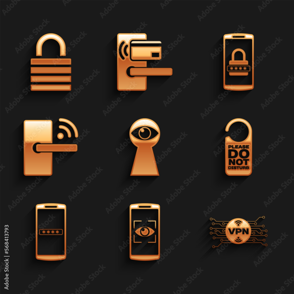 Set Keyhole with eye, Mobile and scan, VPN microchip circuit, Please do not disturb, password and Digital door lock wireless icon. Vector Set Keyhole with eye, Mobile and scan, VPN microchip circuit, Please do not disturb, password and Digital door lock wireless icon. Vector