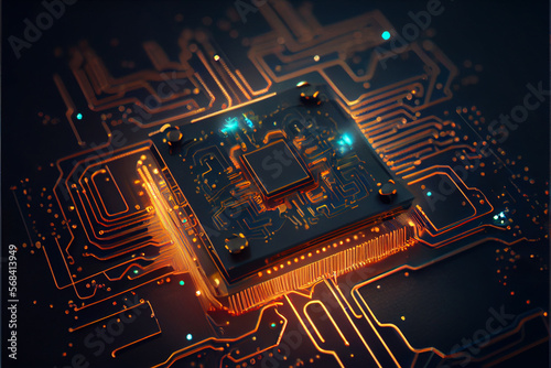 Quantum computer processor. Technology background. Central Computer Processors CPU and GPU concept. Motherboard digital chip. Tech science background. High quality photo, Ai generated illustration.