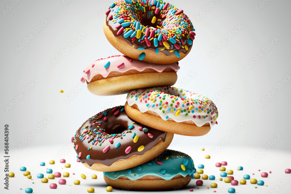 Stack of donuts with chocolate icing isolated on white. AI generative