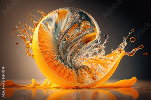 a slice of orange with water splashing out of it's side and on top of it's si...