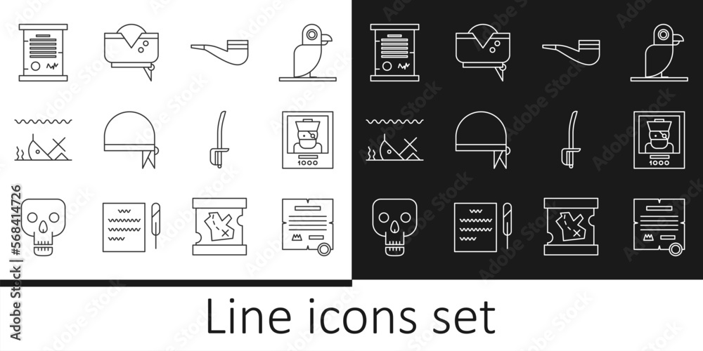 Set line Decree, parchment, scroll, Wanted poster pirate, Smoking pipe, Pirate bandana for head, Sunken ship, sword and hat icon. Vector