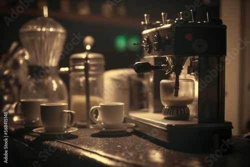 The process of brewing coffee in a coffee machine, mugs in the background