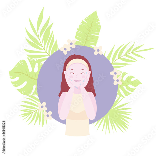Skin cleansing vector illustration, cute girl wash her face. Body care and SPA. Tropic leaves on background. Beauty and cosmetics concept.