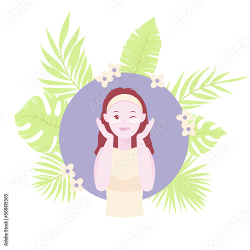 Skin cleansing vector illustration, cute girl wash her face and using SPF cream. Body care and SPA. Tropic leaves on background. Beauty and cosmetics concept.