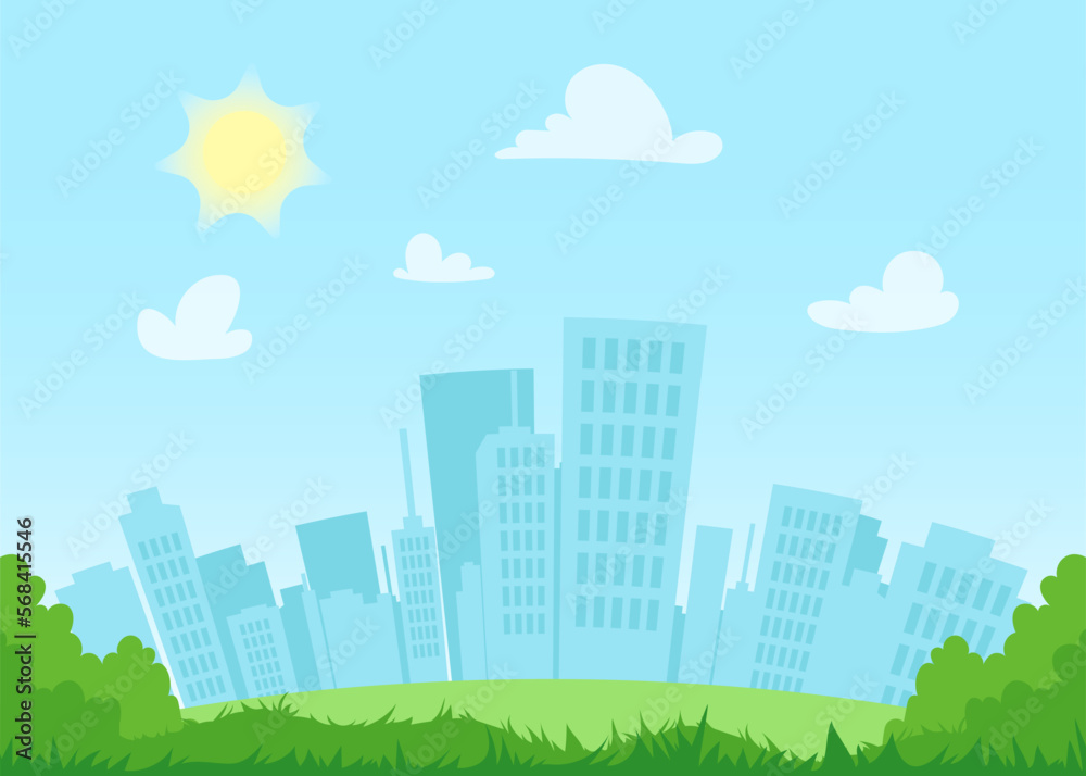 Flat cityscape at day with blue sky, white clouds and sun. Modern town skyline panoramic background. City tower skyscraper illustration. Urban silhouette with park. Panorama architecture buildings.