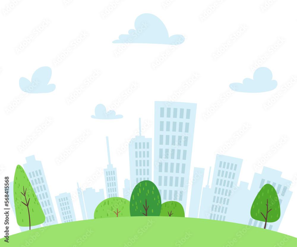 Flat cityscape with clouds. Modern town skyline panoramic vector background. City tower skyscraper illustration for web banner. Urban silhouette with park. Panorama architecture buildings.
