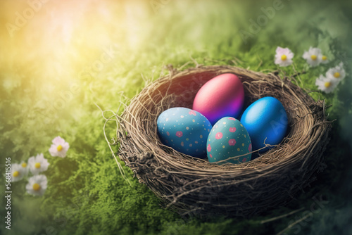 Nest with easter eggs in grass on a sunny spring day, copy space. AI