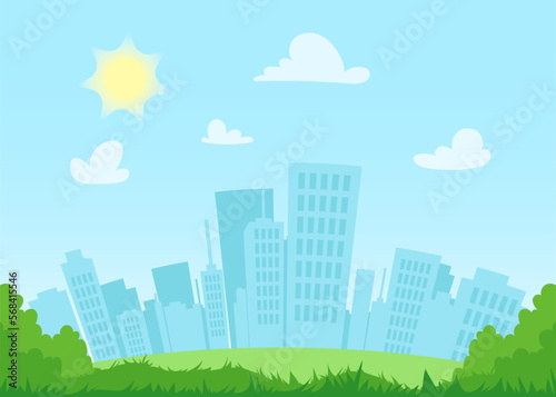 Flat cityscape at day with blue sky, white clouds and sun. Modern town skyline panoramic background. City tower skyscraper illustration. Urban silhouette with park. Panorama architecture buildings.