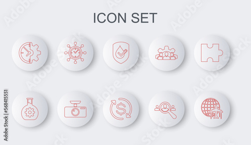 Set line Globe with flying plane, Bioengineering, Waterproof, Magnifying glass for search people, Clock and gear, Car DVR and Return investment icon. Vector