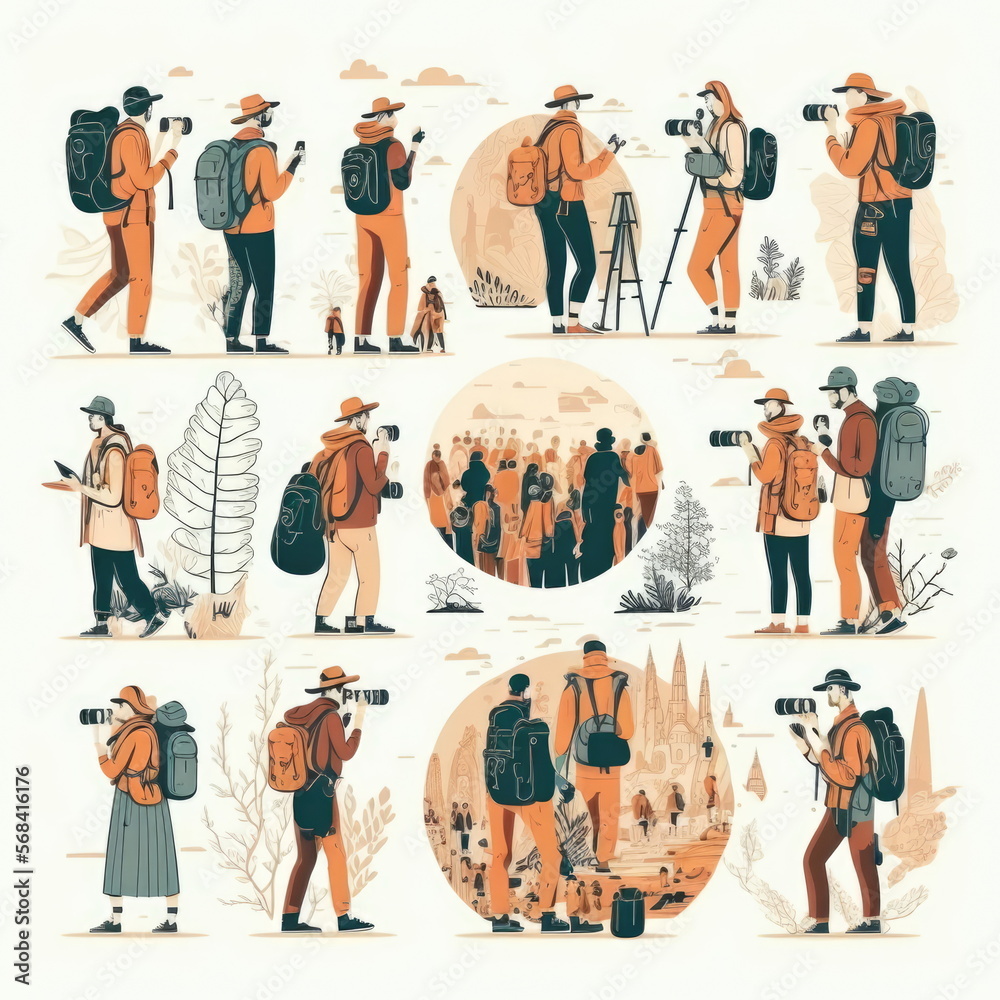tourists and travelers characters, happy character. men and women with backpacks, luggage, map and photo cameras traveling abroad, vector illustration, Made by AI,Artificial intelligence