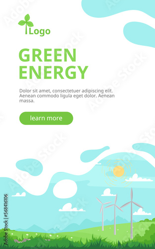 Meadow landscape banner. Wind turbines. Industrial green energy concept. Vector illustration of energy generation. Wind mill on summer background. Renewable energy sources. Wind farm and factory.