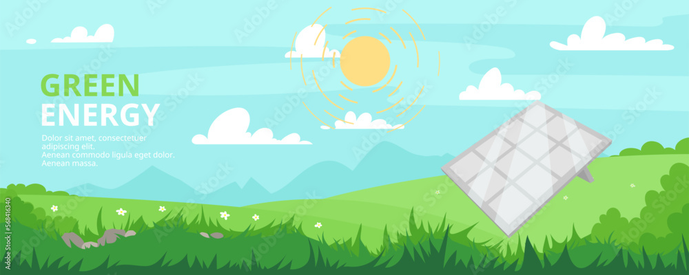 Meadow landscape banner. Solar PV panel power plant station. Renewable energy sources, sustainable photovoltaic solar energy generation with sun on summer background with blue sky, green grass. 