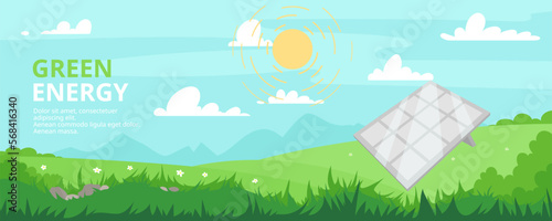 Meadow landscape banner. Solar PV panel power plant station. Renewable energy sources, sustainable photovoltaic solar energy generation with sun on summer background with blue sky, green grass. 
