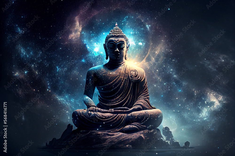 Buddha in a Lotus Pose cosmic aura background and with mandala. Sacred
