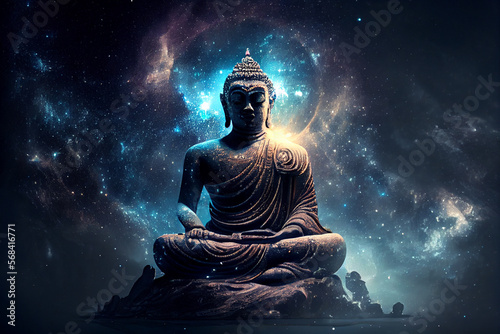 Buddha in a Lotus Pose cosmic aura background and with mandala. Sacred and spiritual. Ai generated illustration. 